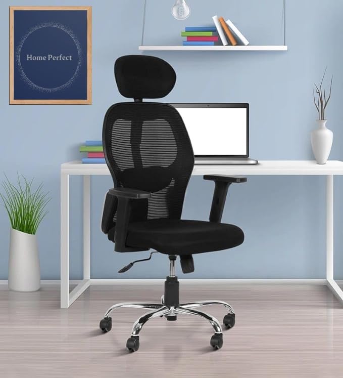 HOME PERFECT Government Ergonomic House Workplace Desk Chair with Peak Adjustable Seat, Push Again Tilt Characteristic, Adjustable Armrests & Headrest, Heavy Responsibility Metallic Base (Black and Silver)