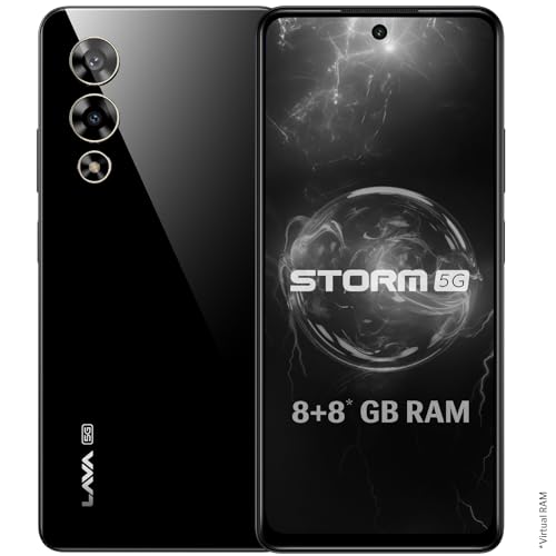 Lava Storm 5G (Thunder Black, 8GB RAM, 128GB ROM), Premium Glass Again Design, MediaTek Dimensity 6080 Processor, 50MP+8MP Ultrawide Twin Digicam, 16MP Entrance Digicam, 33W Quick Charging, Clear Android