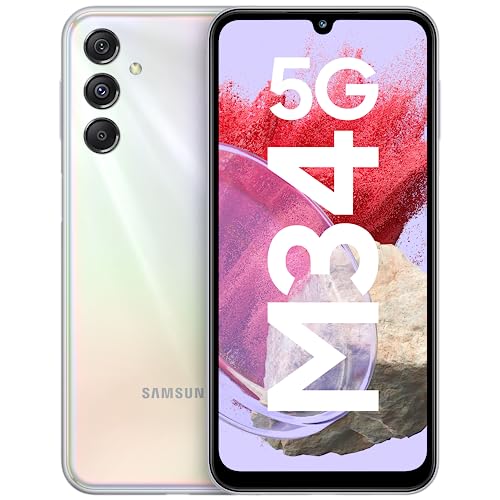 Samsung Galaxy M34 5G (Prism Silver,8GB,128GB)|120Hz sAMOLED Show|50MP Triple No Shake Cam|6000 mAh Battery|4 Gen OS Improve & 5 Yr Safety Replace|16GB RAM with RAM+|Android 13|With out Charger