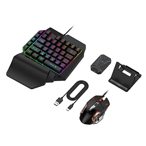GSH One Hand Non Mechanical Gaming Keyboard and Backlit Mouse Combo, USB Wired Rainbow Letters Glow Single Hand Mechanical Keyboard,Gaming Keyboard Set for Laptop computer PC Recreation and Work (Combo)