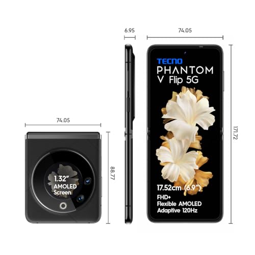 TECNO Phantom V Flip 5G (Iconic Black 16GB RAM,256GB Storage) | 45W Quick Charging | 32 MP Selfie, 64 Rear Digital camera| 6.9″ Versatile, 1.32″ Secondrary AMOLED