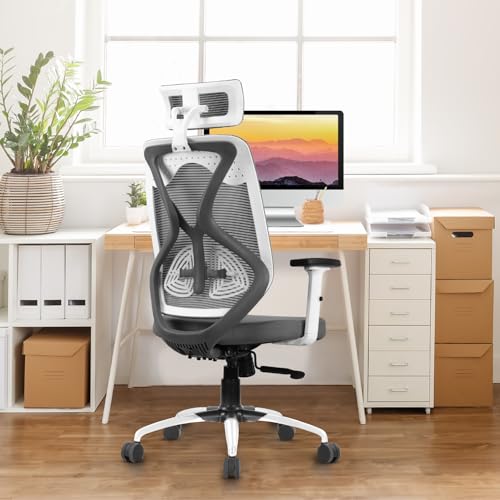 Vergo Rework Ergonomic Excessive Again Mesh Workplace Chair | Headrest, Lumbar Help, Adjustable 2D PU Armrests, Multi Lock Synchro Mechanism | House Workplace Desk Chair, 3 Years Guarantee (White Gray)