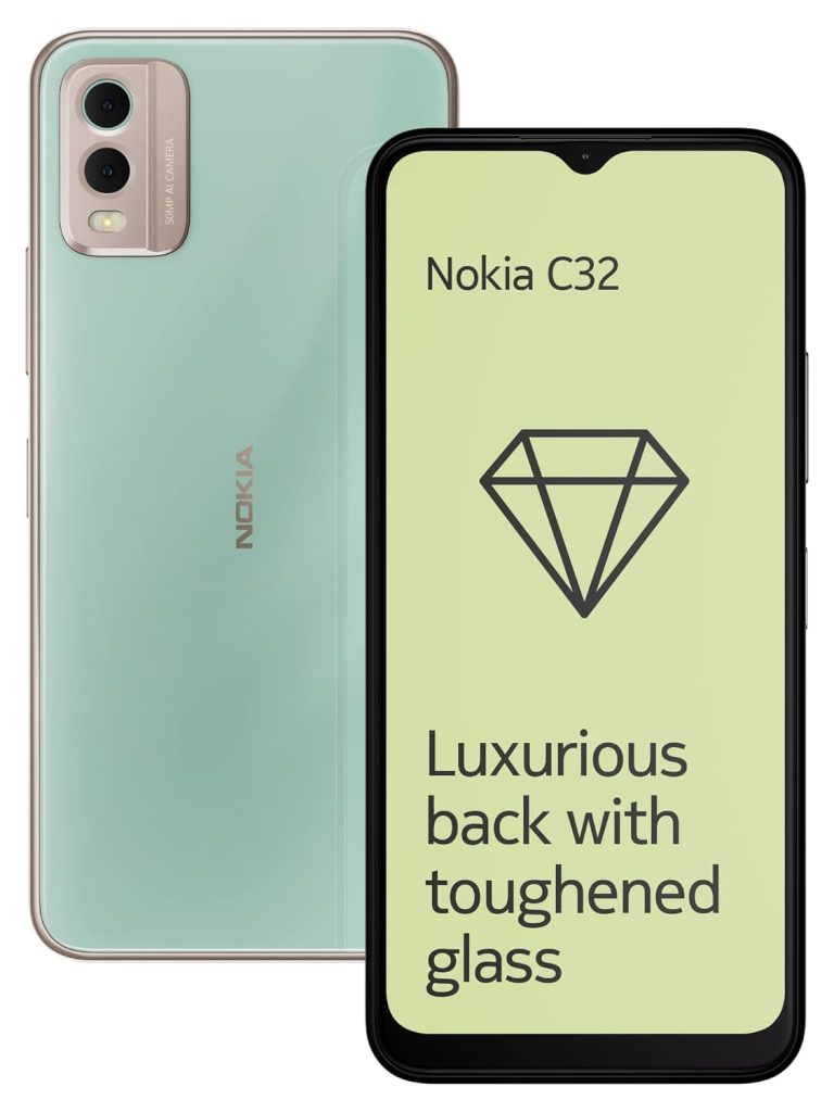 Nokia C32 with 50MP Twin Rear AI Digicam | 3-day Battery Life | Toughened Glass Again | 12GB RAM with Reminiscence Extension (6GB RAM + 6GB Digital RAM) | Android 13 | Breezy Mint