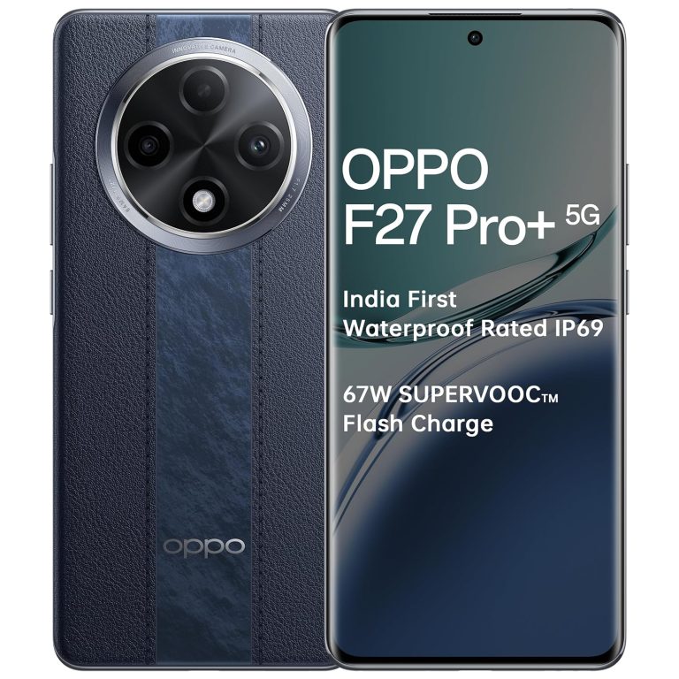 OPPO F27 Professional+ 5G (Midnight Navy, 8GB RAM, 128GB Storage) | 6.7″ FHD+ AMOLED Hardest 3D Curved Show|64MP AI Featured Digicam|IP69 | 67W SUPERVOOC| with No Value EMI/Further Trade Affords