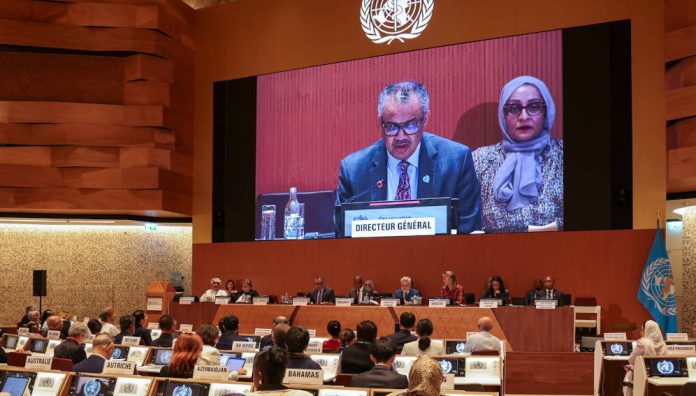 WHO director-general Tedros Adhanom Ghebreyesus addressing 77th World Health Assembly May 31st 2024