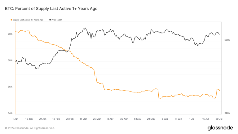 Bitcoin’s 12-month dormant provide has fallen to 66% from 70% firstly of 2024